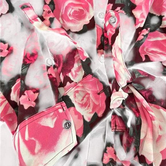 New York & Company Floral Pink Burgundy Roll Tab Sleeve Floral Button Down XL - Picture 12 of 17